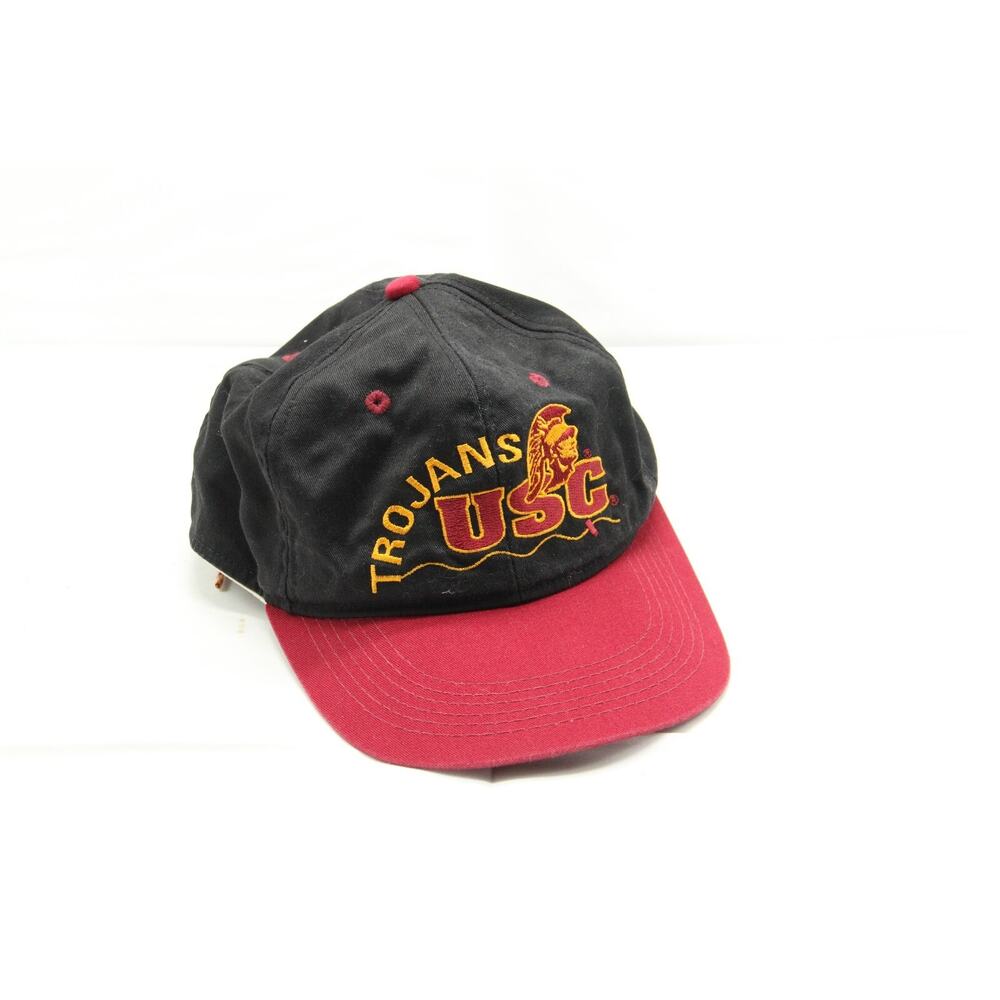 VTG USC Trojans Logo Black Drawstring Cap Hat Baseball #1 Apparel Made In USA